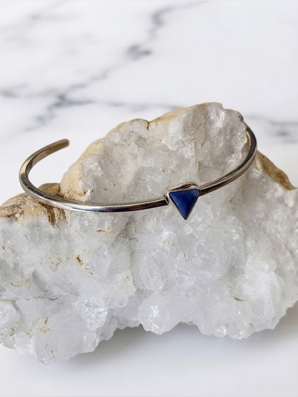 Classic Dainty Vintage Sterling Silver Lapis Lazuli Triangle Cuff Bracelet